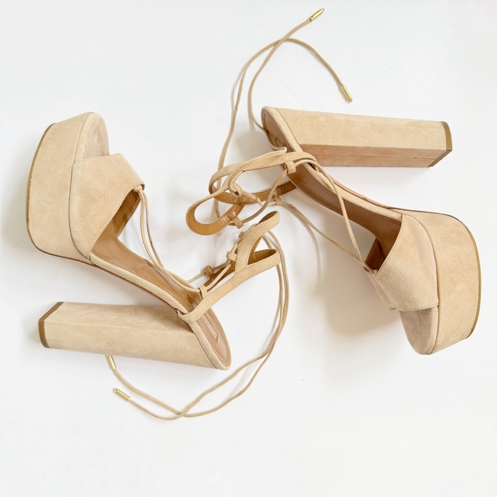 AQUAZZURA AUSTIN BEIGE CREAM SUEDE LACE UP ANKLE WRAP PLATFORM CHUNKY HEEL - Picture 4 of 15
